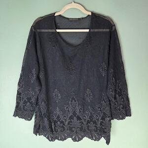 Whimsigoth Womens Large Black Sheer Mesh Lace Long Sleeve Top Witchy Vamp Goth